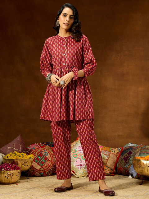 Janasya Printed Mandarin Collar Neck Pure Cotton Tunic With Trousers Co-Ords