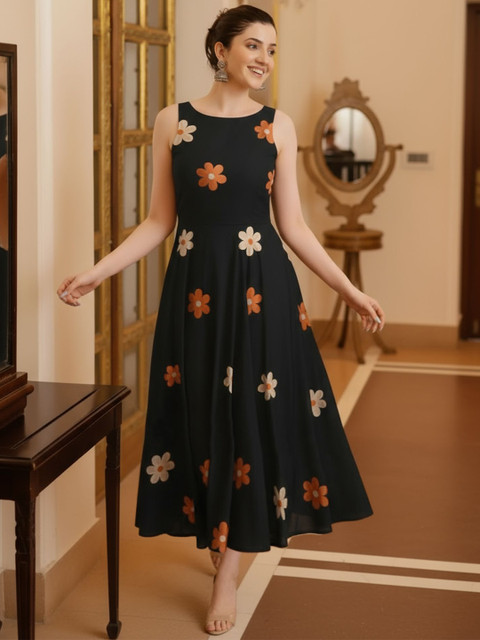 The Roadster Life Co Women Embroidered Round Neck Fit & Flare Dresses