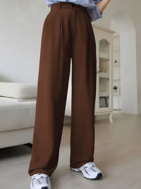 KERI PERRY Women Solid Relaxed Straight Leg High-Rise Comfortable Trousers