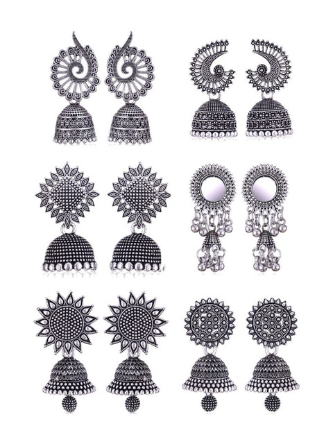 Sangria Set Of 6 Silver Plated Oxidized Jhumka Earrings