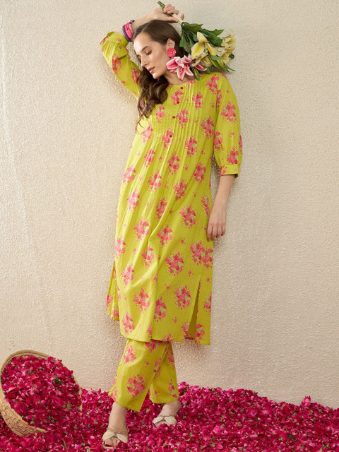 Indo Era Women Floral Printed Pleated Pure Cotton Kurta with Trousers