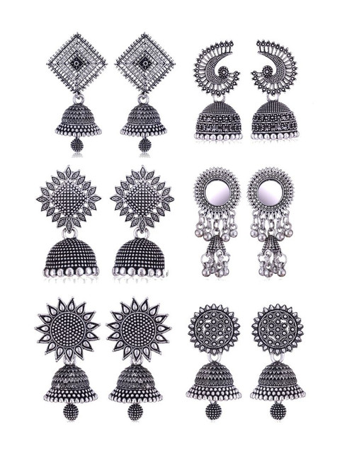 Sangria Set Of 6 Silver Plated Oxidized Jhumka Earrings