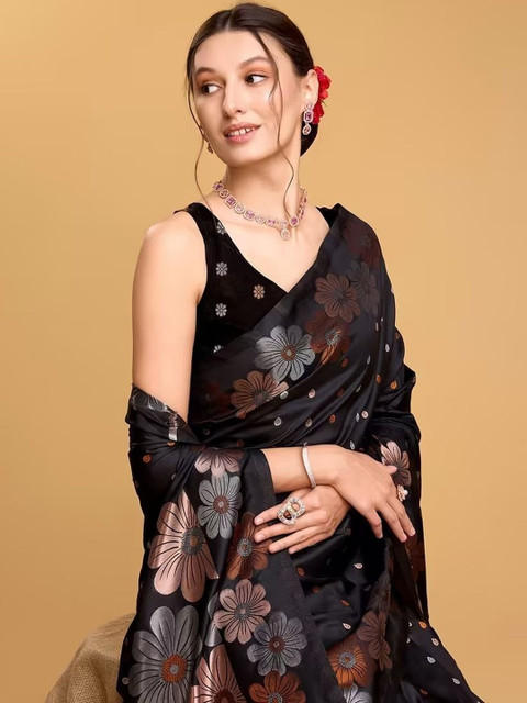 GHAN SALS Floral Zari Organza Baluchari Saree with Blouse Piece - Image 2