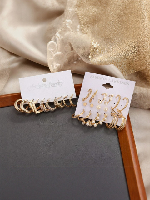 DressBerry Set Of 14 Gold-Plated Circular Shaped Hoop Earrings