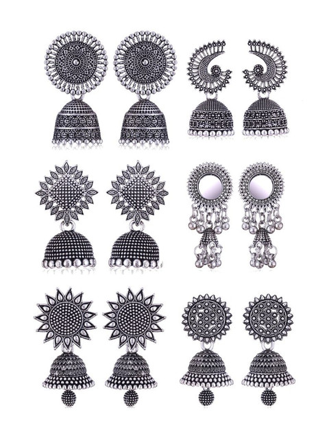 Sangria Set Of 6 Silver Plated Oxidized Jhumka Earrings