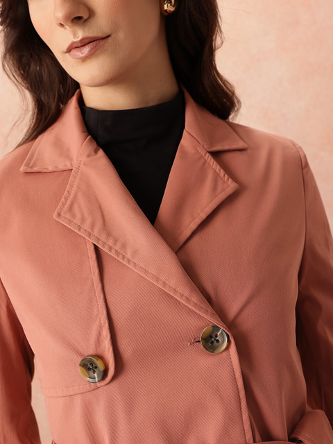 all about you Notched Lapel Collar Pure Cotton Double-Breasted Belted Overcoat - Image 2