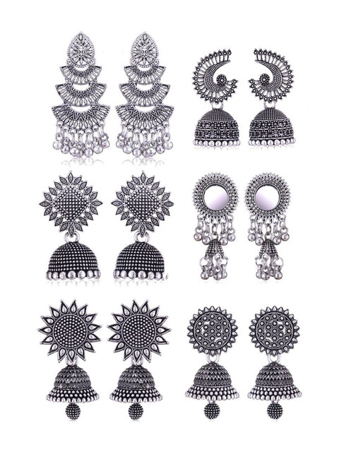 Sangria Set Of 6 Silver Plated Oxidized Jhumka Earrings
