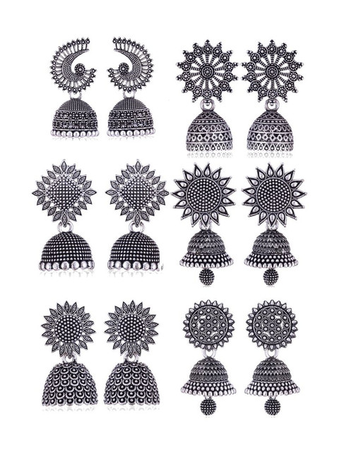 Sangria Set Of 6 Silver Plated Oxidized Jhumka Earrings