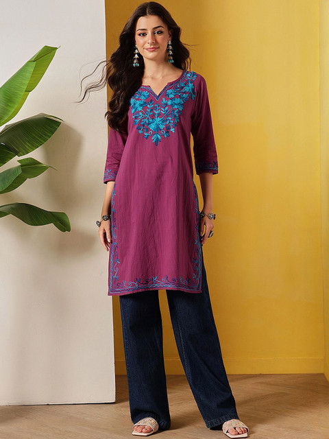 FEMBLISS Kashmiri Aari Pure Cotton V-Neck Straight Long Kurti