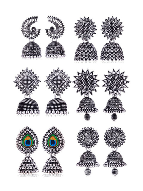 Sangria Set Of 6 Silver Plated Oxidized Jhumka Earrings