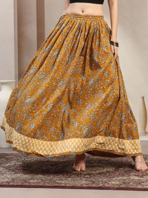 SUNEKH Women Ethnic Printed Gathered Pure Cotton Flared Maxi Skirts
