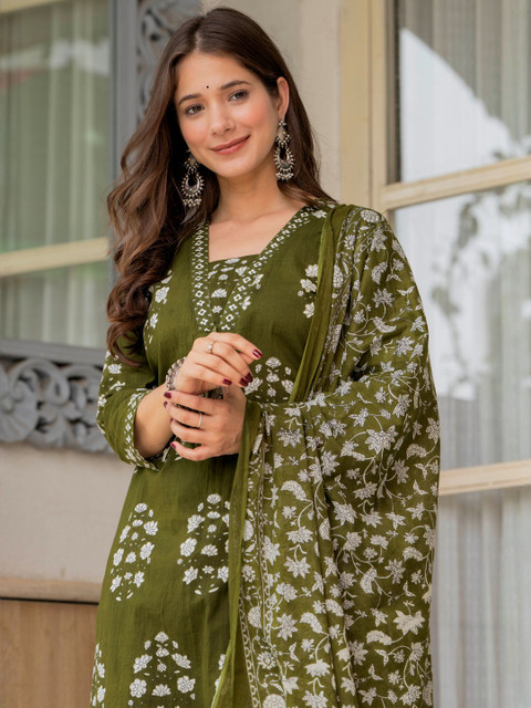 PARTHVI Women Floral Printed Regular Thread Work Pure Cotton Kurta with Palazzos & With Dupatta - Image 5