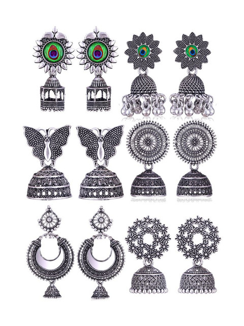 Sangria Set Of 6 Silver Plated Oxidized Jhumka Earrings