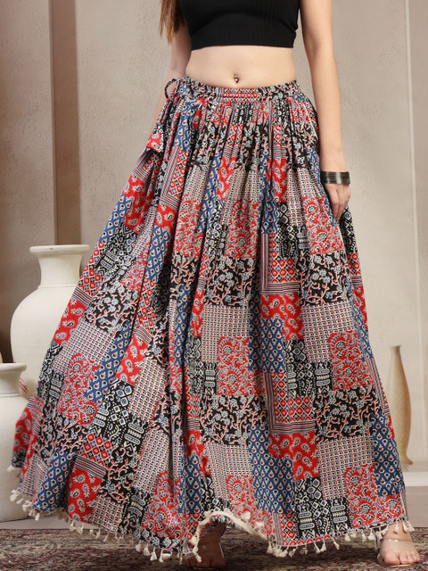 SUNEKH Women Floral Printed Pure Cotton Flared Maxi Skirts