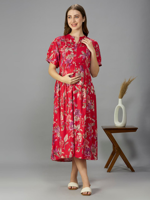 NIGHTSPREE Floral Print Puff Sleeve Maternity Empire Midi Dress