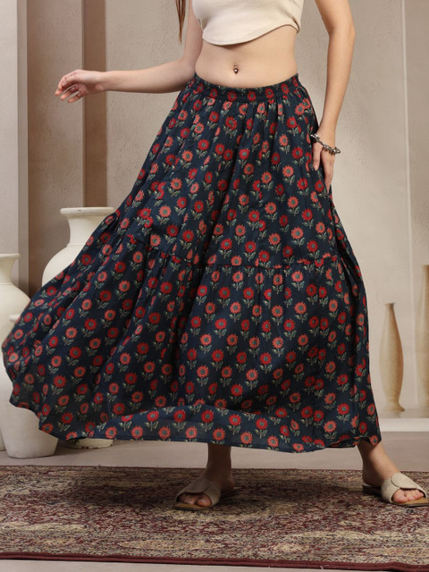 SUNEKH Women Floral Print Cotton Flared Maxi Skirts