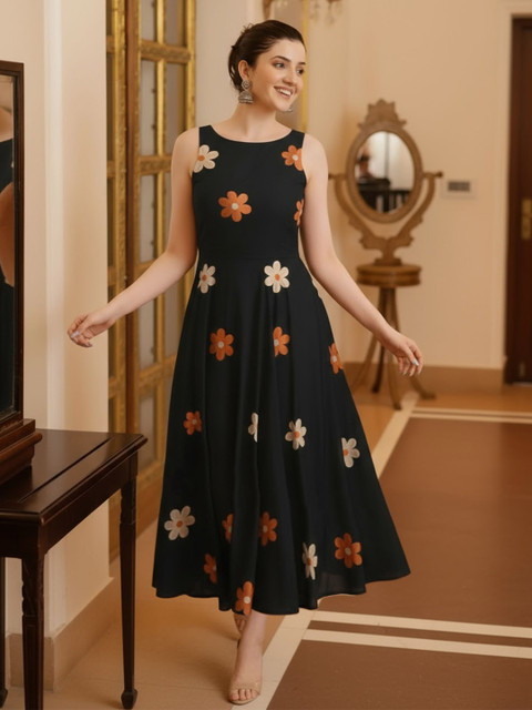 Anni Designer Women Floral Printed Round Neck Plus Size Fit & Flare Midi Dress