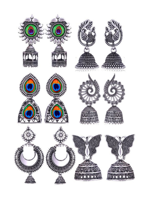 Sangria Set Of 6 Silver Plated Oxidized Jhumka Earrings