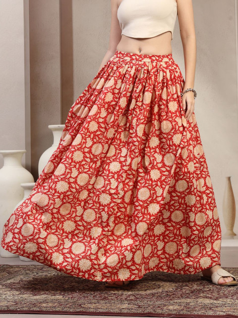 SUNEKH Women Floral Printed Cotton Flared Maxi Skirts