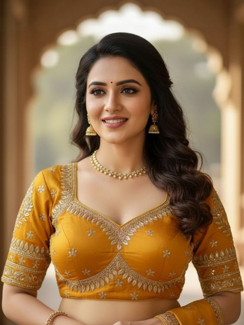 VRAGI Floral Embroidered Sweetheart Neck Saree Blouse