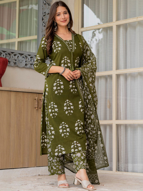 PARTHVI Women Floral Printed Regular Thread Work Pure Cotton Kurta with Palazzos & With Dupatta - Image 4