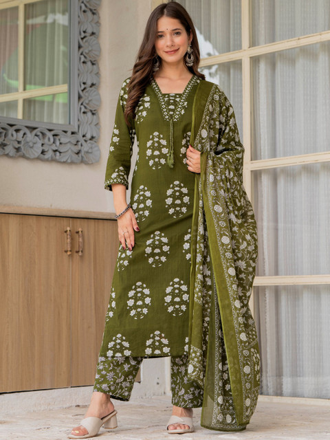 PARTHVI Women Floral Printed Regular Thread Work Pure Cotton Kurta with Palazzos & With Dupatta - Image 7