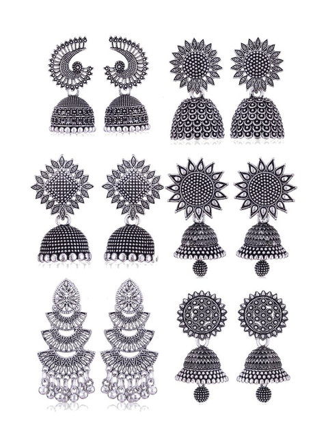 Sangria Set Of 6 Silver Plated Oxidized Jhumka Earrings