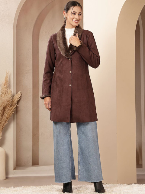 Nayam By Lakshita Women Single Breasted Trimmed A-Line Long Overcoat