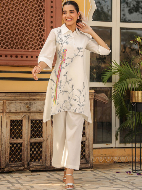 AARAAS Embroidered Thread Work Pure Cotton A Line Kurta With Trouser Co-ords set