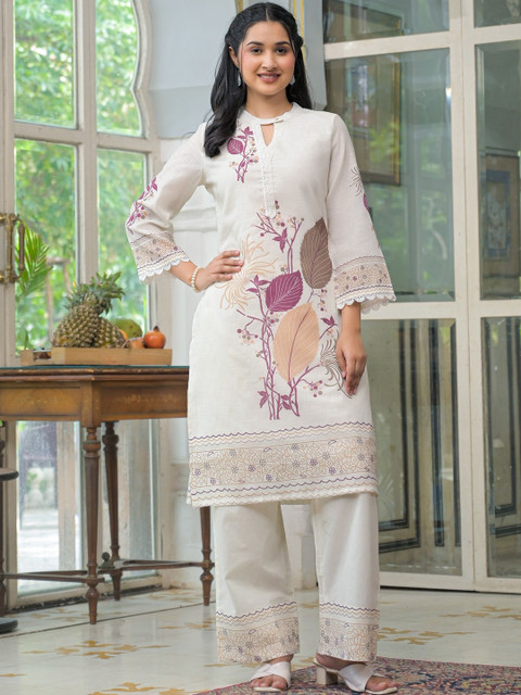 AARAAS Motifs Printed Pure Cotton Mandarin Collar Straight Kurta With Trouser Co-ords set