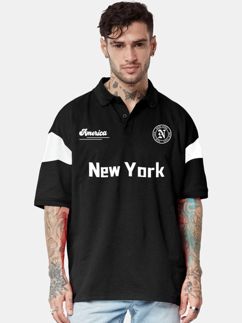 JUMPCUTS Typography Printed Polo Collar Short Sleeves Oversized T-shirt