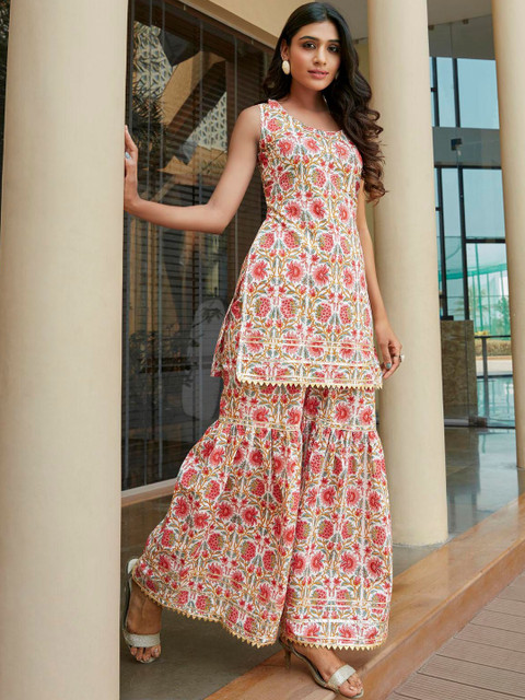KALINI Floral Printed Gotta Patti Pure Cotton Tunic With Palazzos