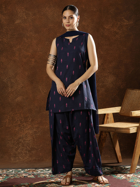 Anouk Women Cotton Printed Notch Neck Straight Kurti Farshi Salwar with Dupatta
