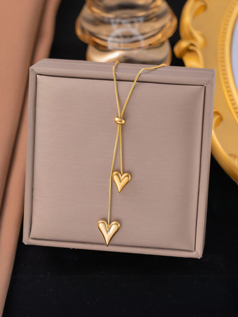 MYKI Stainless Steel Gold-Plated Double Heart Drop Minimal Necklace