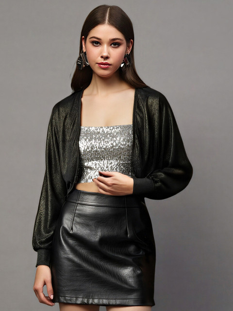 Sera Self Design V-Neck Party Embellished Shrug