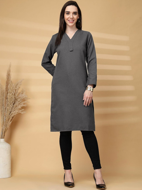 KALINI Women Solid V-Neck Woollen Straight Kurtas