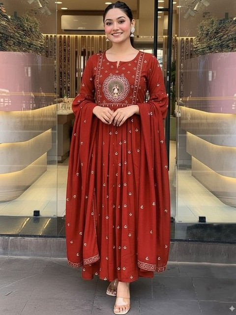 PARTHVI Women Ethnic Motifs Printed Panelled Thread Work Pure Cotton Kurta with Trousers & With Dupatta