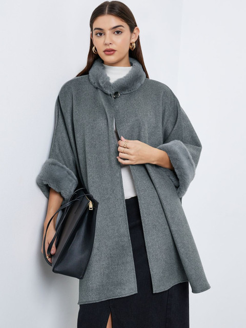 Styli Women Oversized Cape Fit Mock Collar Single-Breasted Overcoat