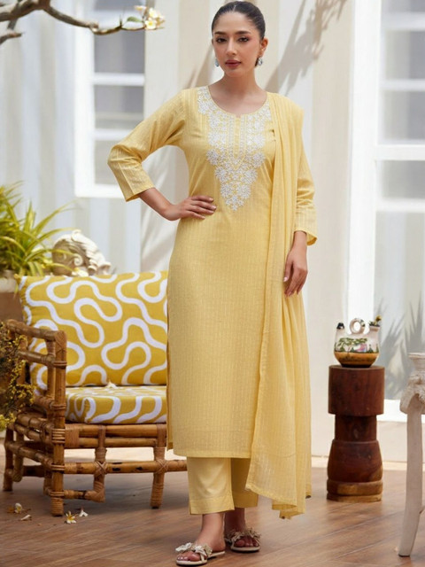 Sangria Chikankari Round Neck Straight Kurta & Trousers With Dupatta