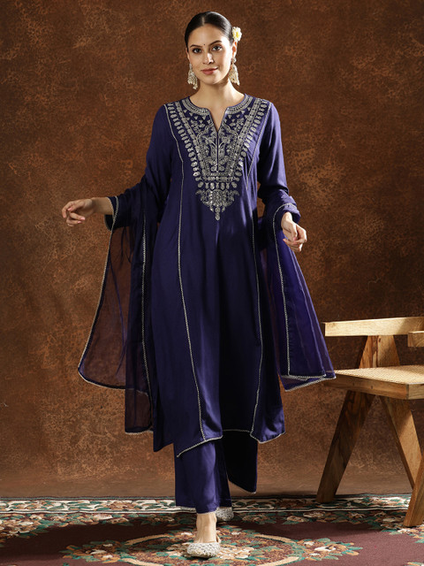 Anouk Ethnic Motifs Yoke Design Sequinned Straight Kurta With Trousers & Dupatta