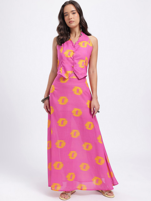 fusion by glitchez Abstract Print Halter Neck Top with Maxi Skirt