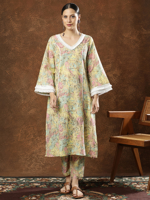 Anouk Women Floral Printed V-Neck Cotton Thread Work Straight Kurta & Trouser