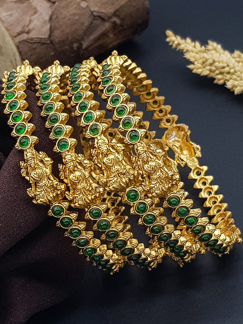GRIIHAM Set Of 4 Gold Plated Artificial Stones Studded Temple Laxmi Design Bangles