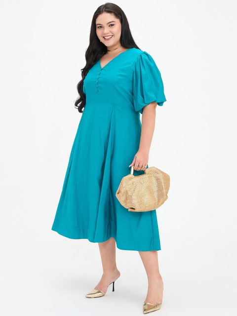 Virgio Puff Sleeve Fit & Flare Midi Plus Size Dress