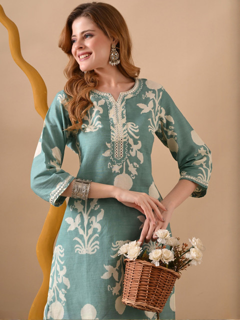 KJFAB Women Ethnic Motifs Printed Regular Pure Cotton Kurta with Trousers