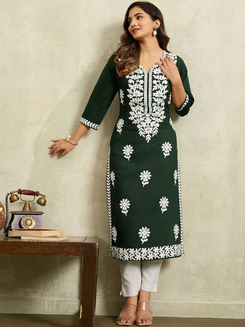 KALINI Women Floral Embroidered V-Neck Chikankari Chikankari Kurti