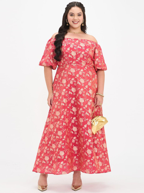 Virgio Women Brocade Viscose Off-Shoulder Short Sleeves Plus Size Dresses