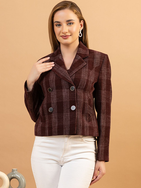 TWENTY ME Checked Notched Lapel Collared Double-Breasted Silk Blazer