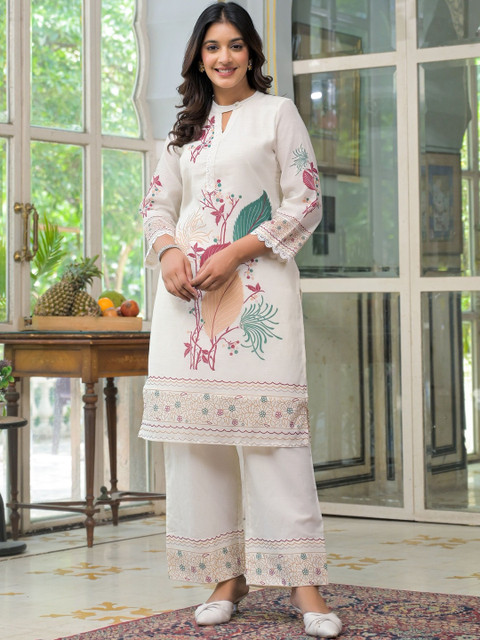 AARAAS Motifs Printed Pure Cotton Mandarin Collar Straight Kurta With Trouser Co-ords set