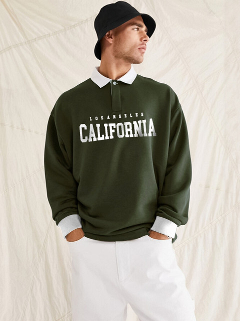 JUMPCUTS Typography Printed Polo Collar Long Sleeves Oversized T-shirt